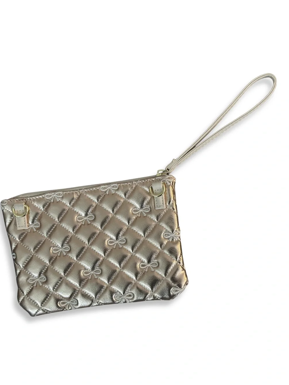 Luv Betsey Johnson Wristlet Rose Gold Quilted Clutch Bow Purse Metallic